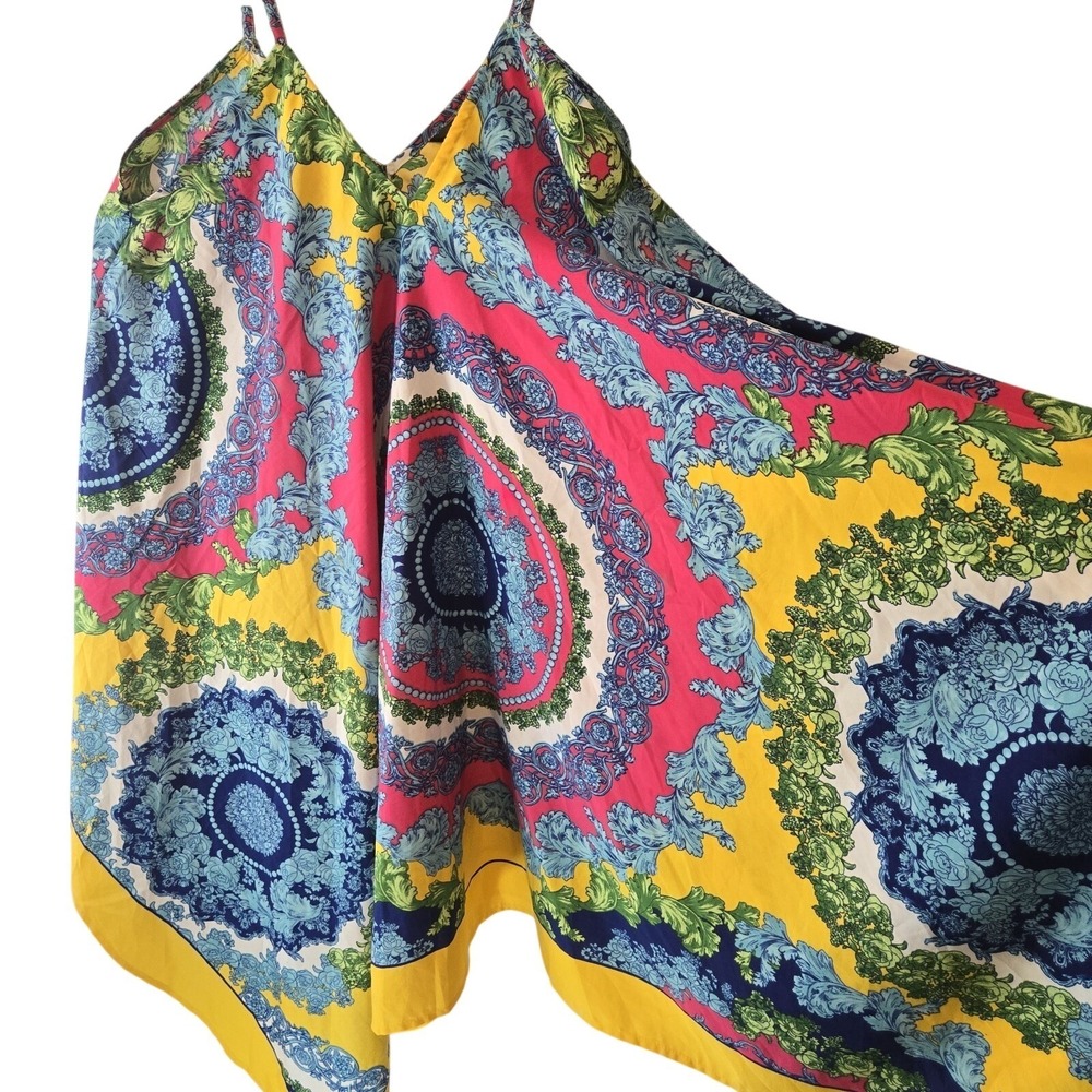 Mlle Gabrielle Boho Handkerchief Hem Dress L Colorful Medallion Print Spaghetti